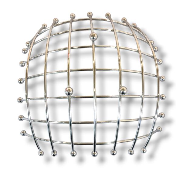 MCM Chrome Fruit Bowl Silver Ball Feet Atomic Grid Curve Basket 12x12 MidCentury - Picture 3 of 7